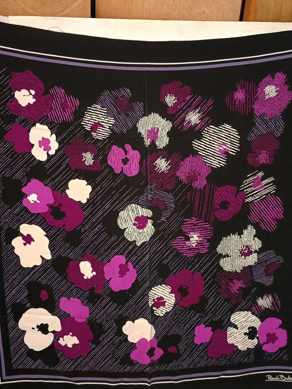 Renato Balestra Italy Silk Black & Purple Floral Women's Scarf 30x30